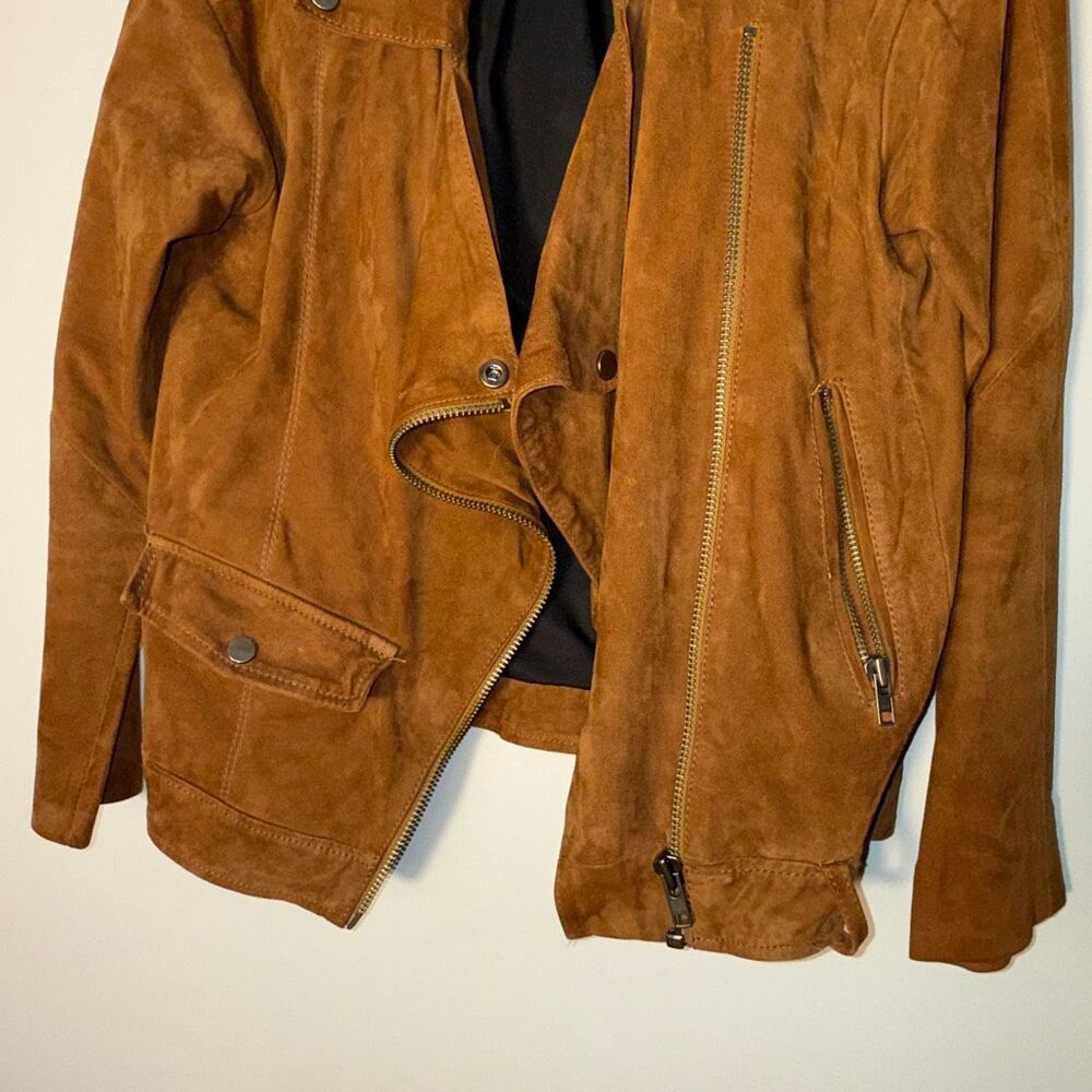 Muubaa Women’s Suede Moto Jacket Size 8 – Tan Brown Asymmetrical Zip Leather Bik - Picture 3 of 14
